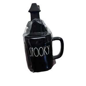 Rae Dunn Black Halloween Mug "SPOOKY" With Haunted Mansion Shaped‎ Lid 16 oz.